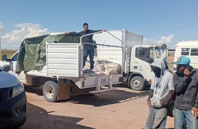 IMG-20250926-WA0012 Camión de carga con personas y mercancía en carretera en Chihuahua, transporte de productos agrícolas, logística en Chihuahua, transporte de mercancías en México, reparto de productos agrícolas en Chihuahua.