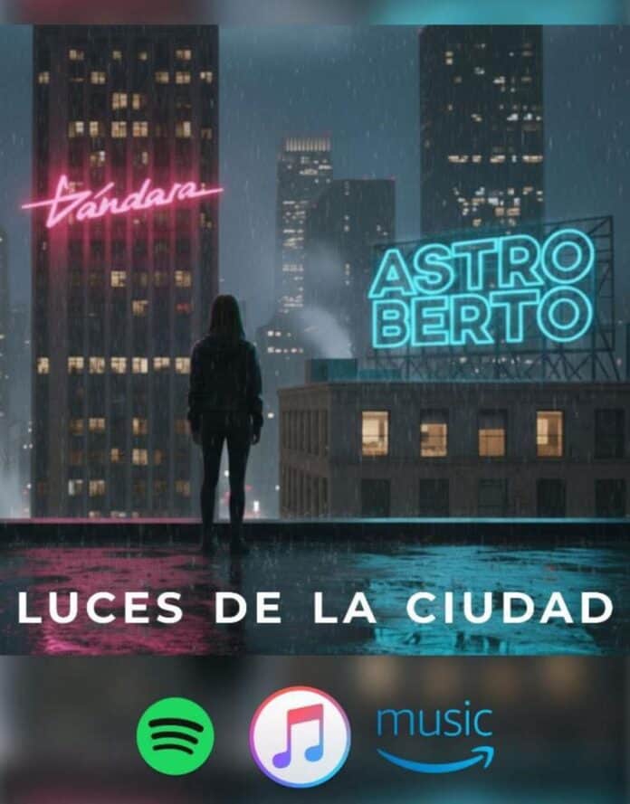 Luces de la ciudad en la noche, cartel de neon rosa y azul, persona en el tejado, ambiente urbano lluvioso en Chihuahua, publicidad de música y streaming, tendencia y vida nocturna.