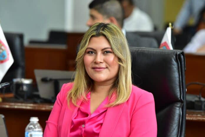 Jov Mujer en reunión oficial, en un entorno formal con bandera y otros asistentes, promoviendo participación y liderazgo femenino en temas de interés público y desarrollo regional.