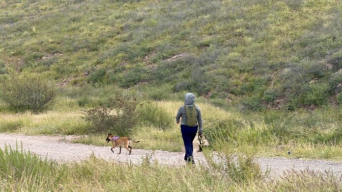 Caminante con mochila paseando con perro en sendero de campo en Chihuahua, México.