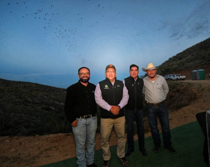 Hombres en un entorno natural durante un evento al aire libre en Chihuahua al atardecer, con cielo despejado y formación de aves en el cielo, mostrando participación comunitaria y actividades relacionadas con la naturaleza.