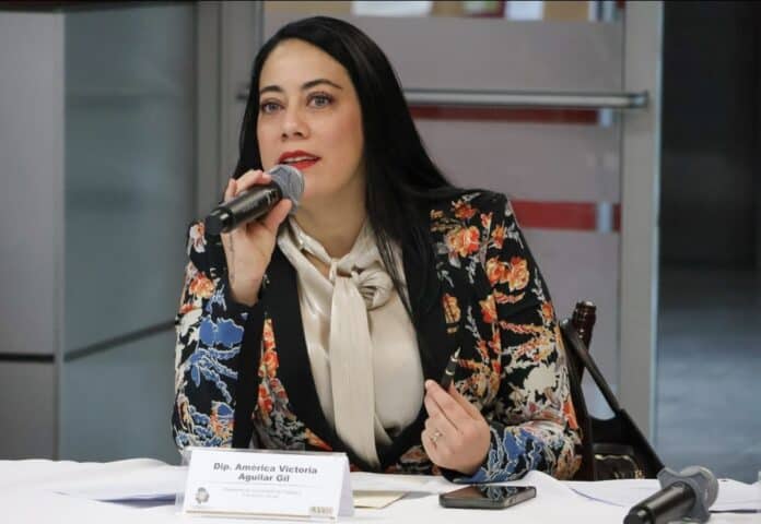 Persona hablando en una conferencia o reunión, sosteniendo un micrófono en un entorno profesional, con una expresión confiada y segura, presentando información importante para una audiencia avanzada en temas de gobierno y política.