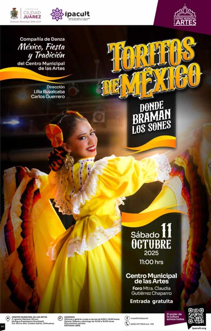 Títulos de la imagen: Festival de danza mexicana en el Centro Municipal de las Artes en Ciudad Juárez, con una bailarina vestida con traje tradicional color amarillo y volantines coloridos.